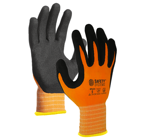 *LZ GPA424 Seamless polyamide/spandex GLOVE, orange color liner, black sandy nitrile foam coating on palm MEC. ACCURATE