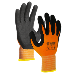 [101-000047] LZ GPA424 Seamless polyamide/spandex GLOVE, orange color liner, black sandy nitrile foam coating on palm MEC. ACCURATE